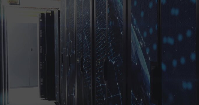 Displaying tall server cabinets glowing with blue globe graphics in data center aisle, LED lights - Powered by Adobe