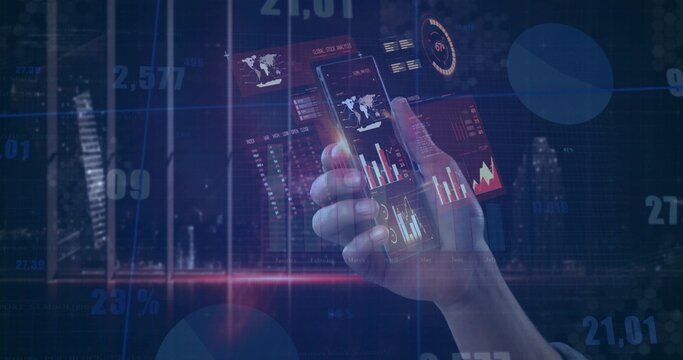 Holding right hand wearing dark cuff showing phone to camera at night skyline, with graph overlays - Powered by Adobe