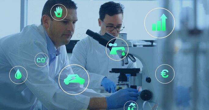 Peering techs white coats blue gloves using scope handling slide in lab with floating green icons