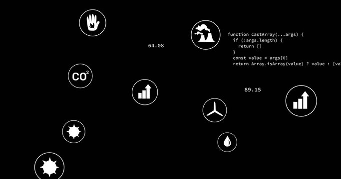 Showing white icons on black UI highlighting CO2, volcano, bars, turbine, drop, 64