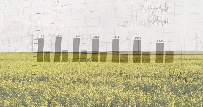 Showing yellow field merging with faint bar chart and numeric labels in farmland, with turbines