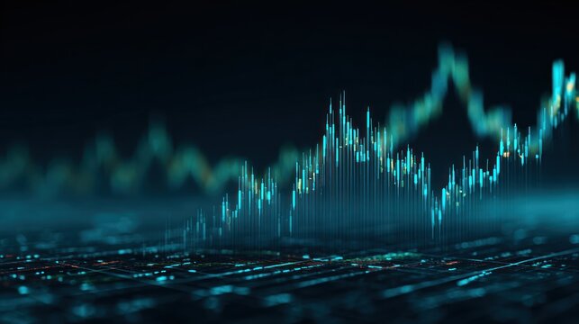 Abstract glowing digital bar graph showing fluctuating financial data.