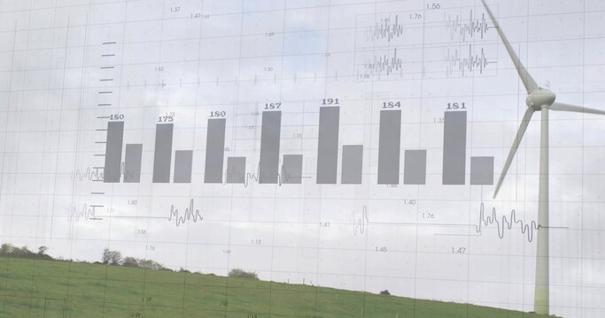 Overlaying transparent bar chart across cloudy sky above rural pasture, showing wind turbine tower