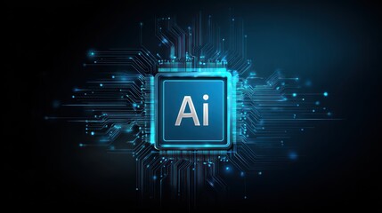 Glowing artificial intelligence chip with blue circuit board connections background