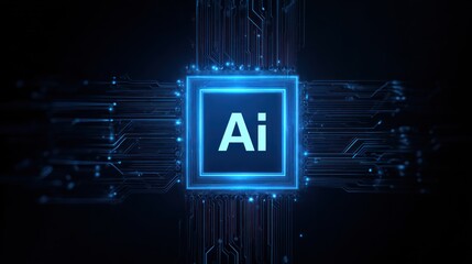 Glowing ai chip on dark circuit board background abstract technology