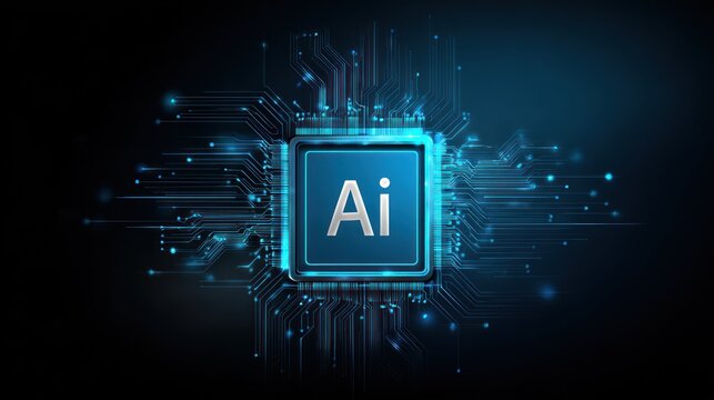 Glowing artificial intelligence chip with blue circuit board connections background