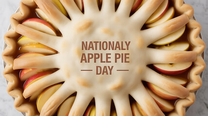 A beautifully baked apple pie with a decorative crust and sliced apples arranged in a circular pattern, celebrating National Apple Pie Day.