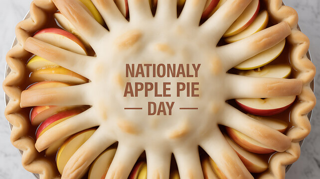 A beautifully baked apple pie with a decorative crust and sliced apples arranged in a circular pattern, celebrating National Apple Pie Day.