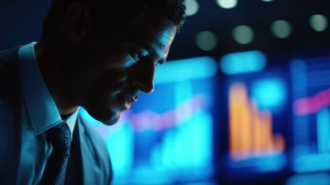 Businessman looks down at glowing blue data screens in dark room. - Powered by Adobe