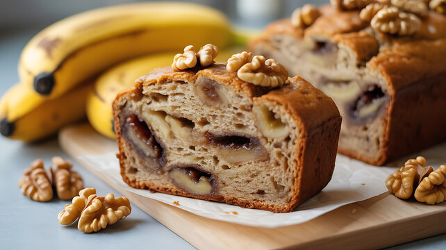 Sliced banana bread with walnuts and banana slices, served on a wooden board with fresh bananas in the background