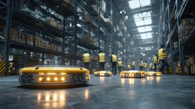 Autonomous mobile robots navigate a large storage facility alongside human employees