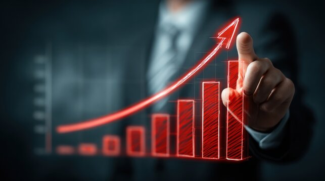 Businessman points to glowing red upward trending bar chart projection.