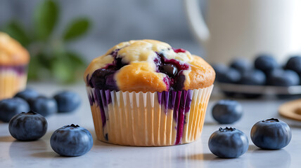 Freshly baked blueberry muffin with burst berries on a white surface, surrounded by whole blueberries and greenery in the background.