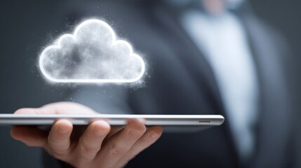 Hand holding tablet displaying glowing digital cloud data concept.
