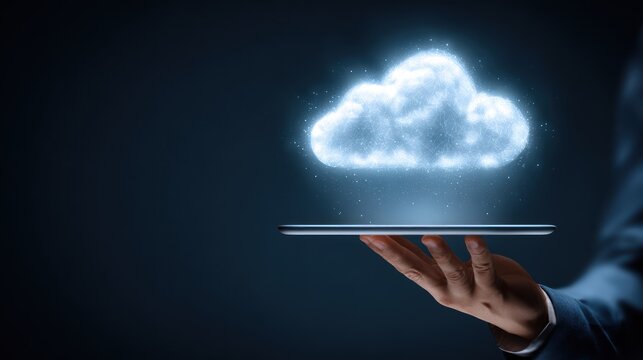 Hand holding tablet projecting glowing digital cloud data above