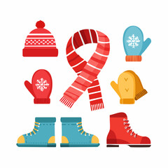A collection of colorful winter clothing accessories including a hat, scarf, mittens, and boots, isolated on a white background.