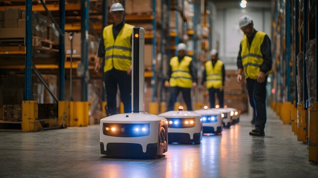 Autonomous mobile robots operate in a large storage facility alongside industrial personnel