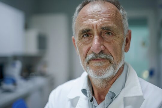 A close-up portrait of a mature, experienced male doctor or scientist with a white lab coat and a well-groomed beard, set in a clinical laboratory