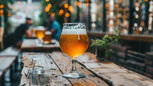 A glass of amber craft beer with a foamy head, resting on a rough, rustic wooden outdoor table at a pub or beer garden with warm background bokeh lights