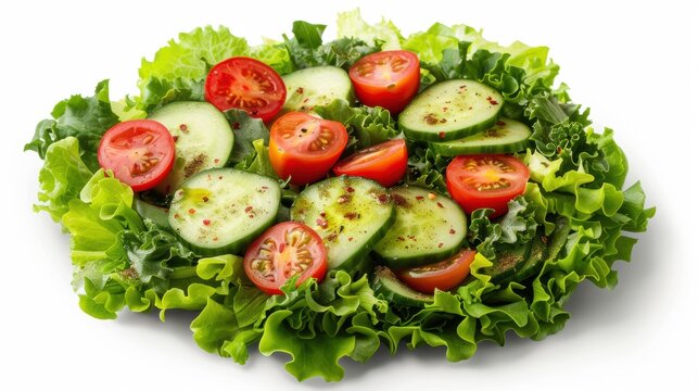 A vibrant, appetizing close-up of a fresh green salad loaded with crisp lettuce, sliced cucumber, and halved cherry tomatoes on a pure white background