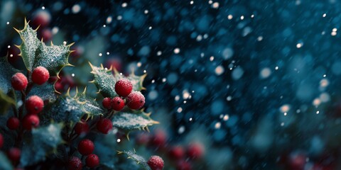 Frost-covered holly berries and leaves in snowfall with a soft blue background.