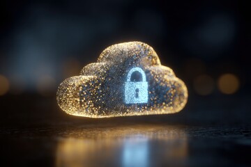 Glowing digital cloud with padlock symbol floats above dark surface.