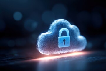 Glowing digital cloud icon with a padlock symbol over dark background.