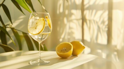 A stemmed glass of clear water with lemon slices and ice cubes, standing on a sun-drenched table with plants casting strong shadows through a window