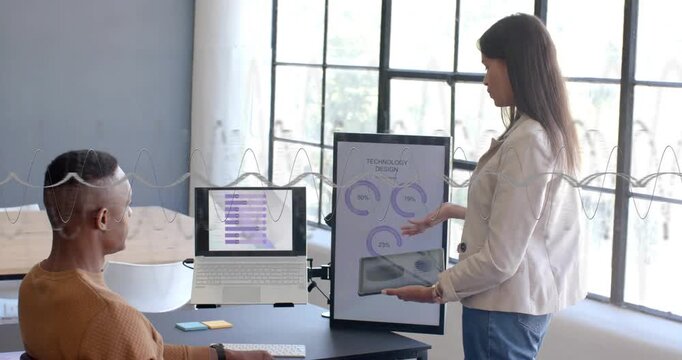 Presenter presenting pointing at vertical monitor tech charts animating to show KPIs via tablet
