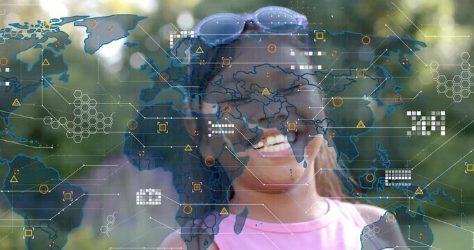 Girl smiling in sunlit garden while world map appearing, HUD overlaying visualizing data for tech