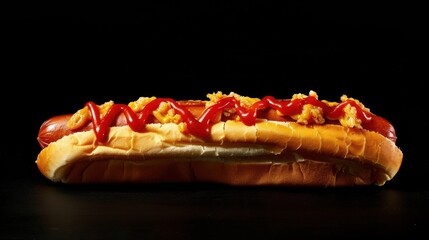 A savory hot dog loaded with bright red ketchup, yellow mustard, and relish, presented on a bun against a dark, dramatic black background