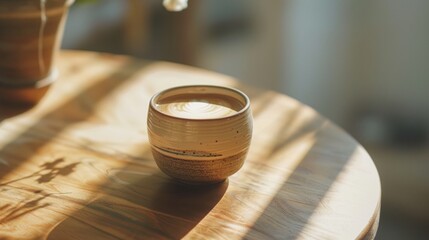 A ceramic, handmade coffee mug containing a latte with basic foam art, illuminated by strong morning sunlight casting shadows on a round wooden table