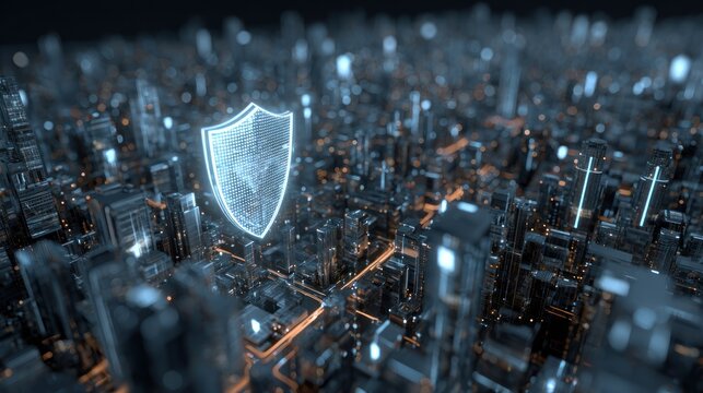 Glowing shield hovers over a dark futuristic city network structure.