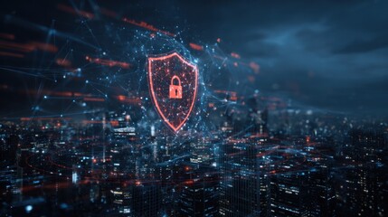 Digital security shield hovers over a dark futuristic city network