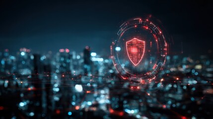 Digital security shield hovers over a dark city skyline at night.