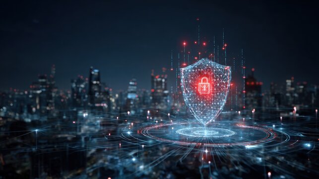 Digital shield icon hovers over a dark city skyline at night.