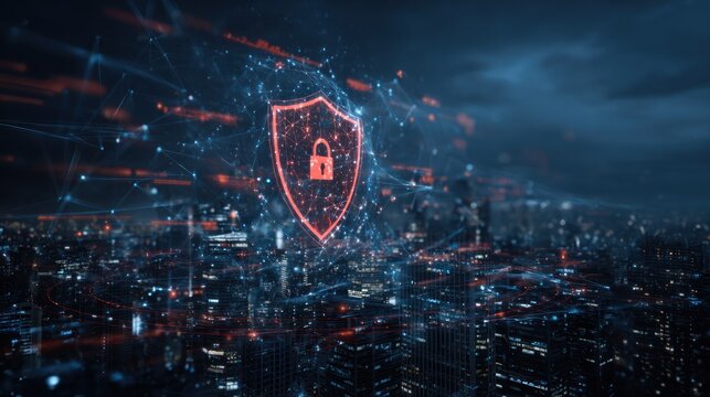 Digital security shield hovers over a dark futuristic city network