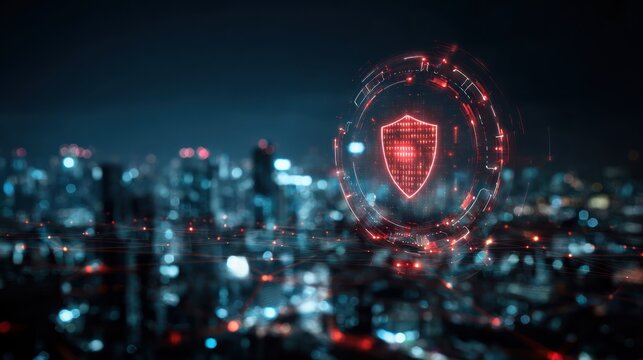 Digital security shield hovers over a dark city skyline at night.