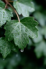 Macro of dark green leaf with raindrops, natural texture and soft focus