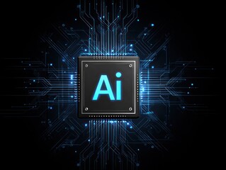Glowing ai chip on dark background with blue circuit lines.