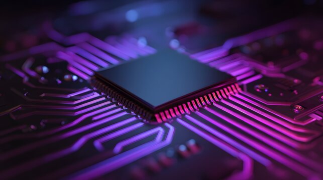 Integrated circuit processor sits on glowing circuitry board with vibrant neon illumination - Powered by Adobe