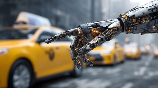 Mechanized limb reaches out over a street crowded with public transportation vehicles