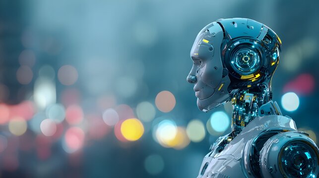Sophisticated cybernetic android profile illuminated against a blurred urban backdrop suggests advanced artificial intelligence development.