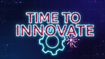 Inspiring neon sign with "Time to Innovate" text and gear graphic, encouraging creativity and progress.