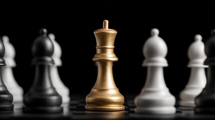 Golden chess queen stands centered against black and white pieces.
