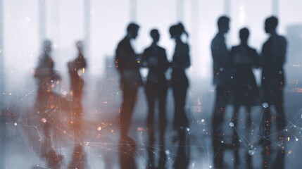 Silhouettes of business people overlaid with digital network graphics