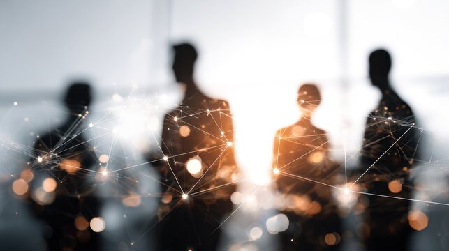 Silhouettes of people overlaid with abstract glowing network connections.