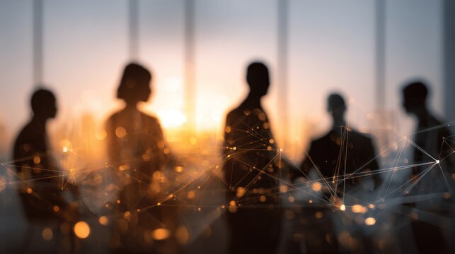 Silhouettes of business people against bright sunset with digital network overlay