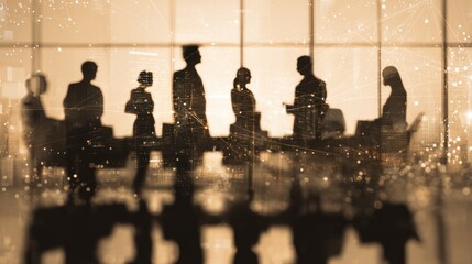 Silhouettes of business people in a meeting with digital overlay.