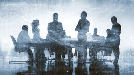 Silhouettes of business people meeting with digital overlay effect.